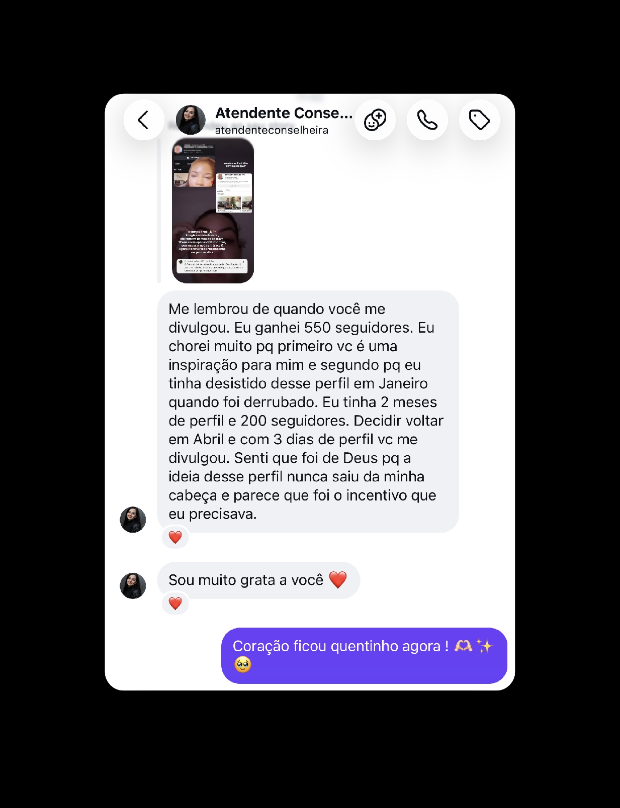 Depoimento de seguidora inspirada
