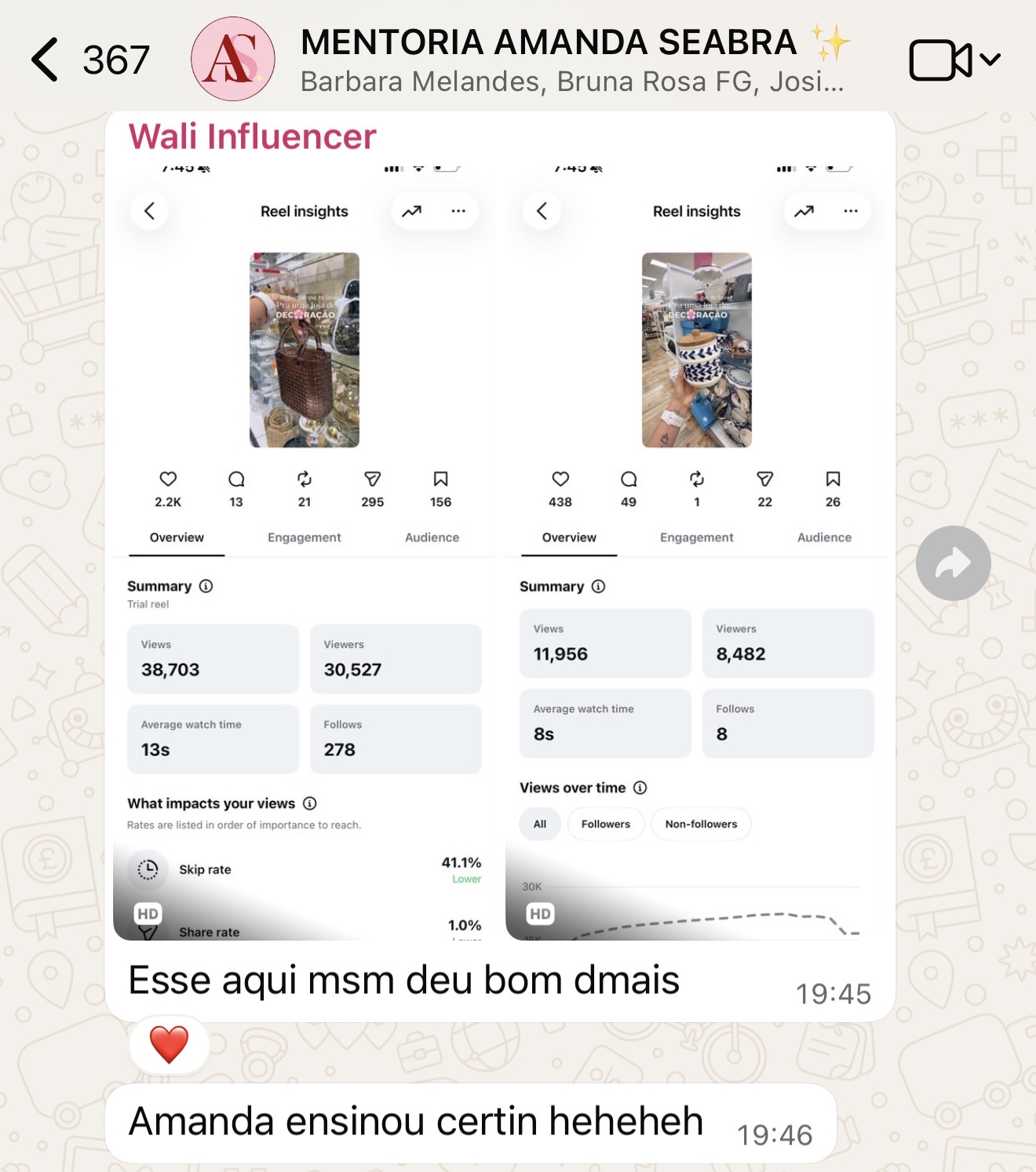 Feedback: aluna do grupo Wali Influencer
